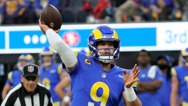 Los Angeles Rams' Matthew Stafford throws during the first half of the NFC Championship NFL football game against the San Francisco 49ers Sunday, Jan. 30, 2022, in Inglewood, Calif.